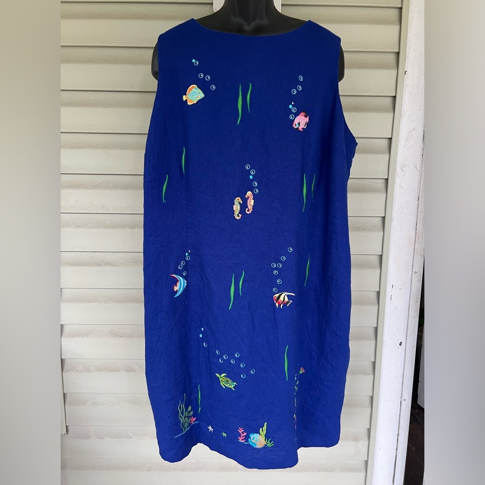 Ultra Dress Linen Blend Sleeveless Dress w Embroidered Fish Womens Sz 24W Lined - Picture 2 of 12